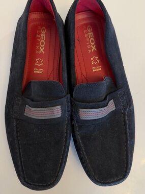 Geox Men’s Navy Suede Loafers with Red Insole and Grey Accent